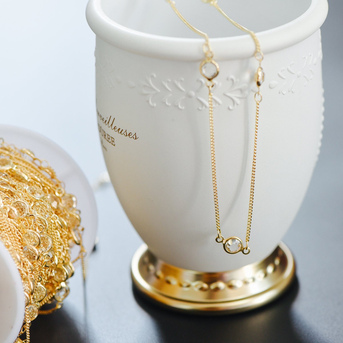 Gold plated Brass Crystal Beaded Chains, 1.3mm Chains with 7mm Flat Coin Clear Beads, Color Not Easily Tarnish (#LK-186)/ 1 Meter=3.3 ft