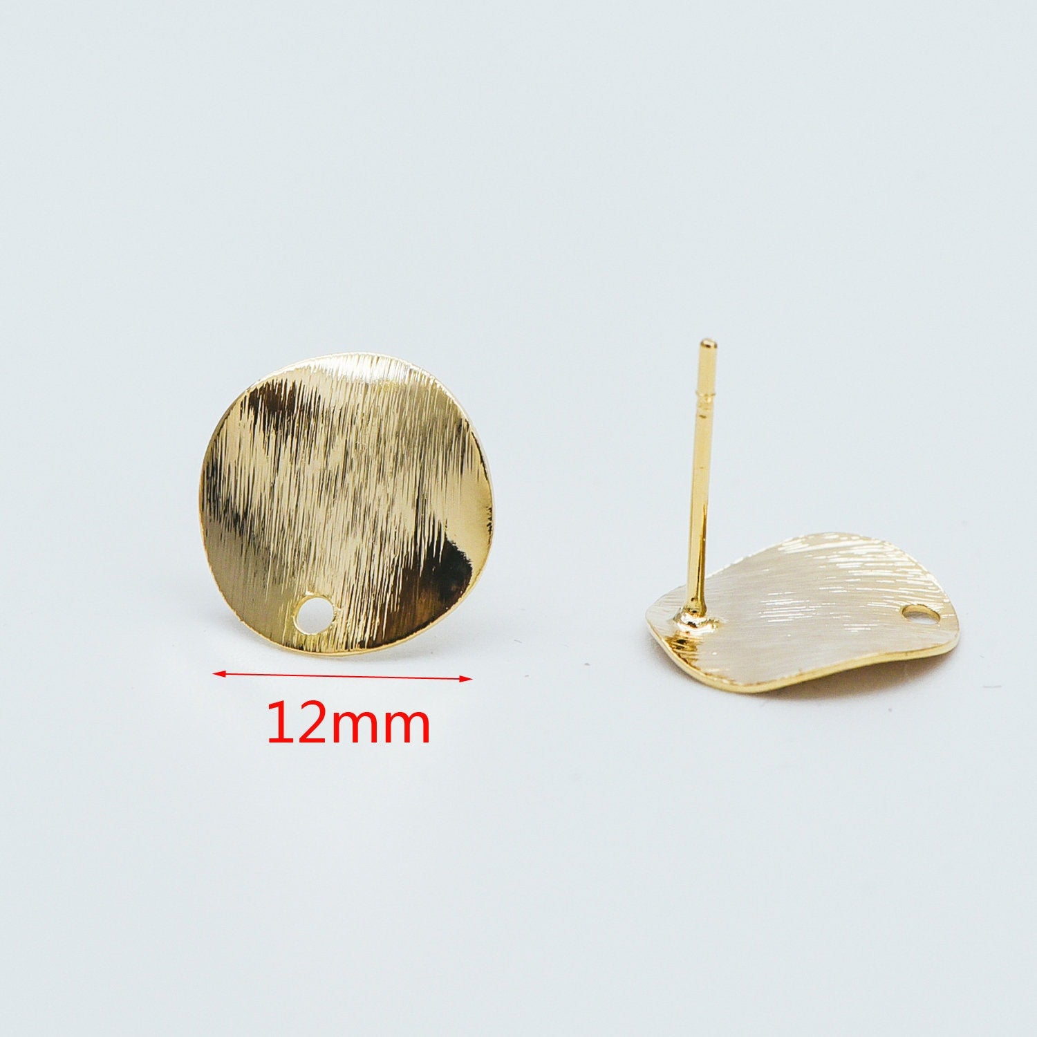 10pcs Brushed Gold Disc Ear Posts 12/ 15mm, 18K Gold Plated Brass, Geometric Round Disk Stud Earrings (#GB-470)
