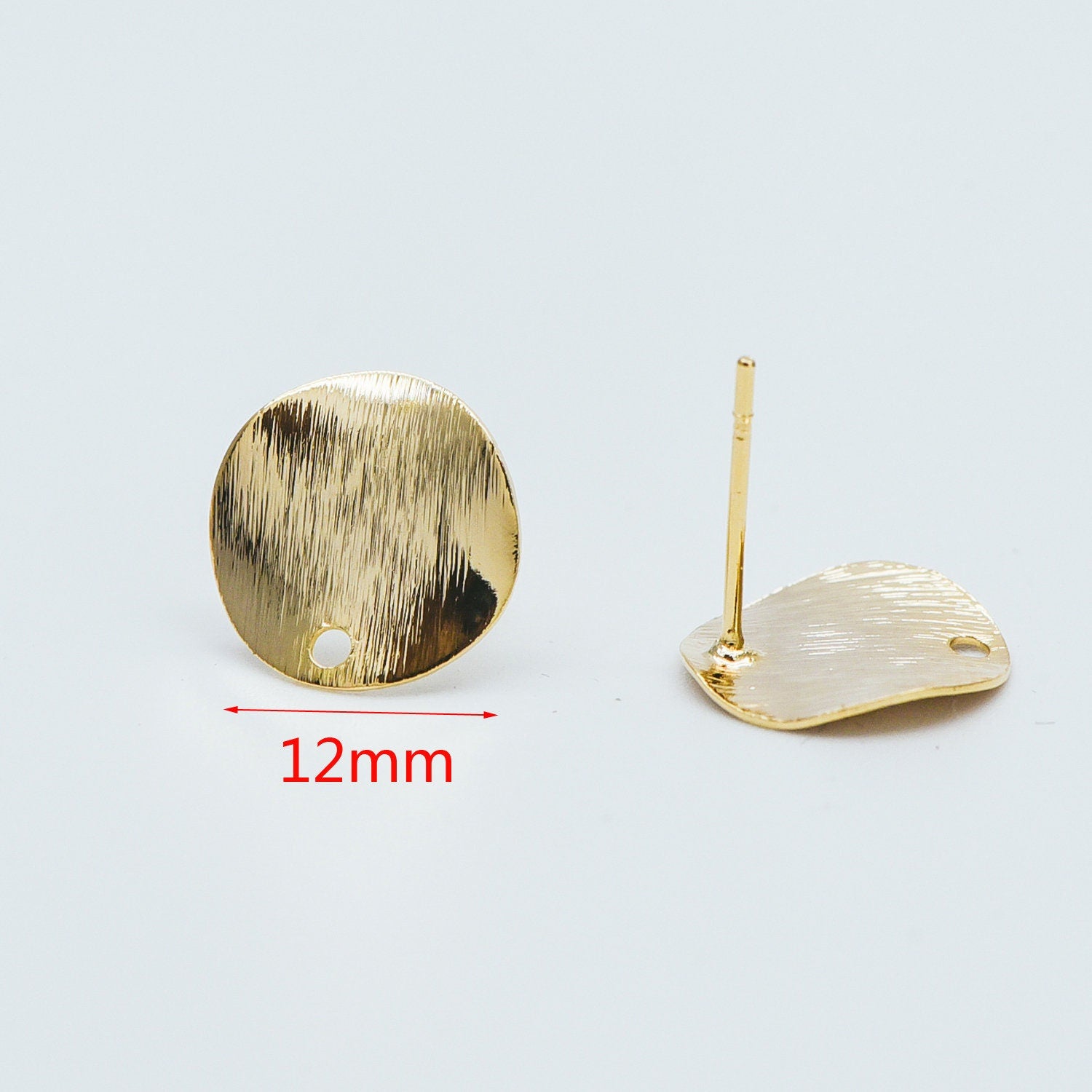 10pcs Brushed Gold Disc Ear Posts 12/ 15mm, 18K Gold Plated Brass, Geometric Round Disk Stud Earrings (#GB-470)