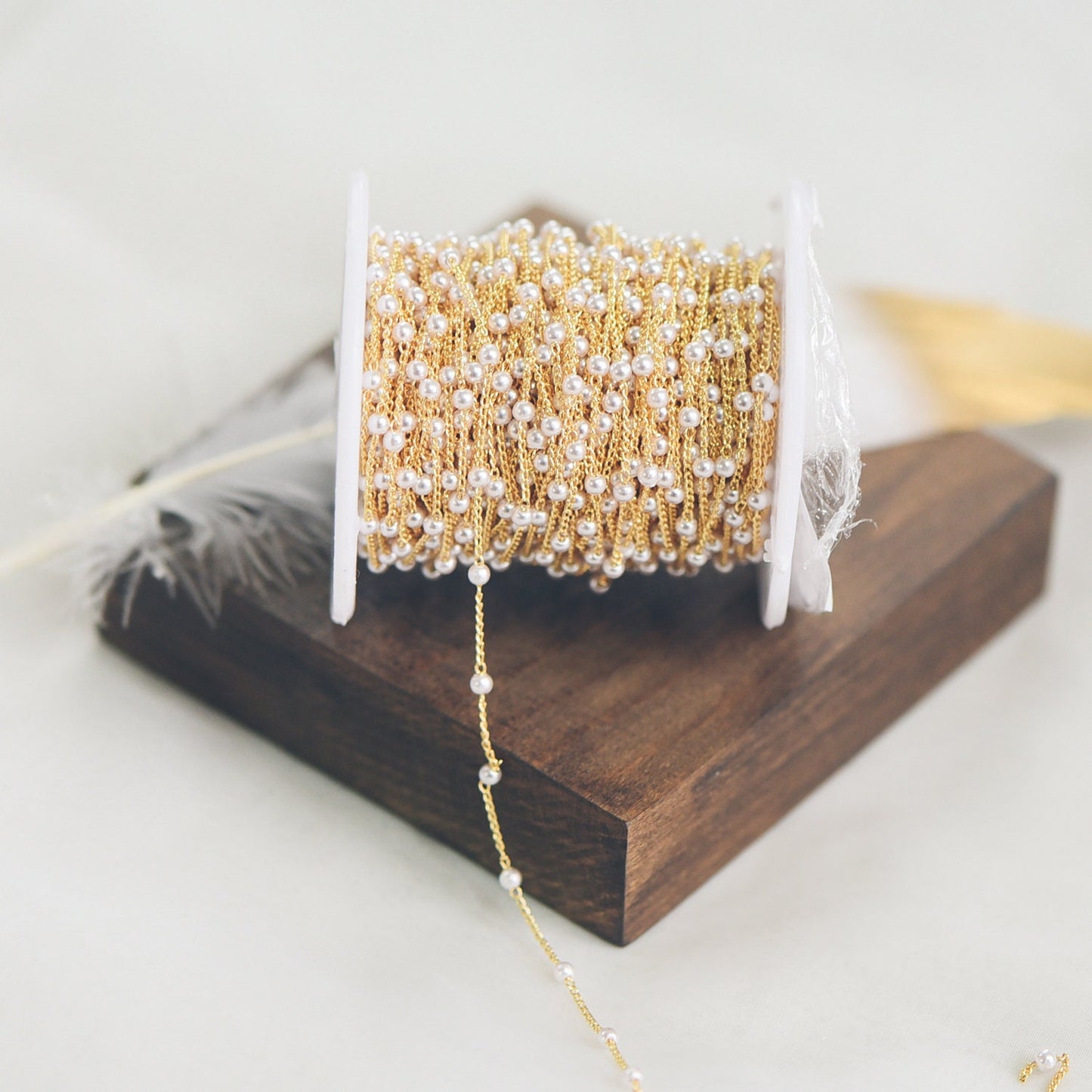 Gold Faux Pearl Beaded Chain, 18K Gold plated Brass Chain with Faux Pearl 3 / 4mm (LK-159) / 1 meter= 3.3ft