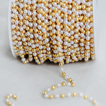 Gold Faux Pearl Beaded Chain, 18K Gold plated Brass Chain, Round Faux Pearl and Beads 4mm (LK-189) / 1 meter= 3.3ft