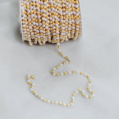 Gold Faux Pearl Beaded Chain, 18K Gold plated Brass Chain, Round Faux Pearl and Beads 4mm (LK-189) / 1 meter= 3.3ft