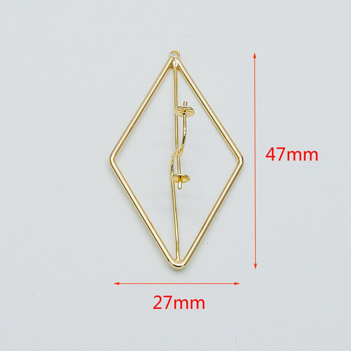 10pcs Gold Rhombus Pendants with Cap for Top Drilled Stone Pearls, Geometric Earring Pendants 47mm (GB-450)