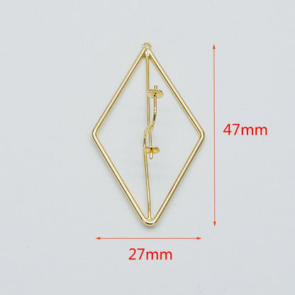 10pcs Gold Rhombus Pendants with Cap for Top Drilled Stone Pearls, Geometric Earring Pendants 47mm (GB-450)