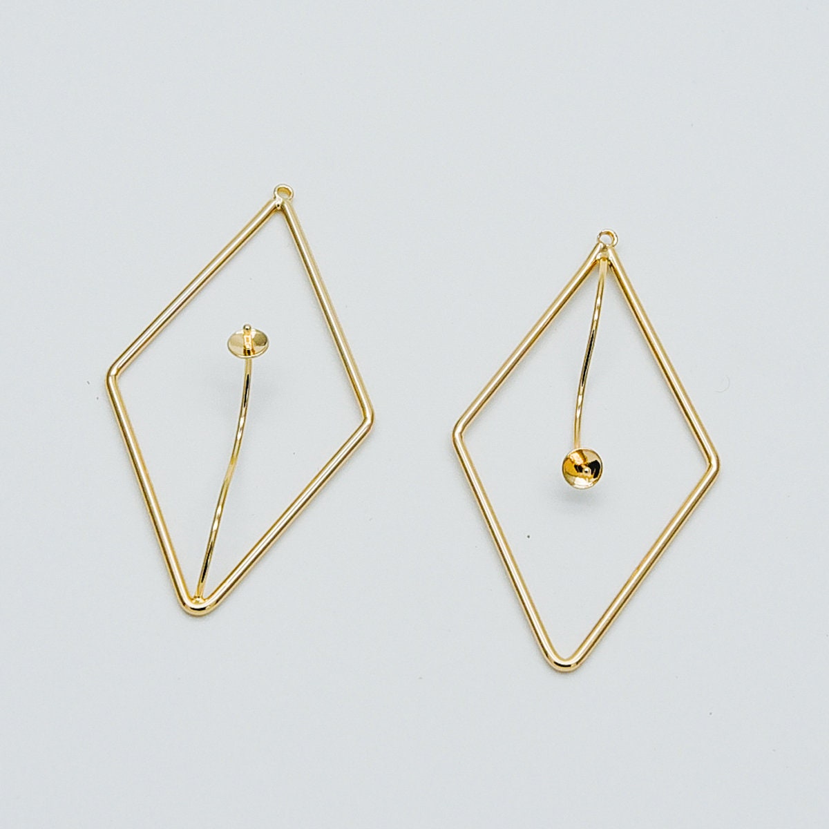 10pcs Gold Rhombus Pendants with Cap for Top Drilled Stone Pearls, Geometric Earring Pendants 47mm (GB-452)
