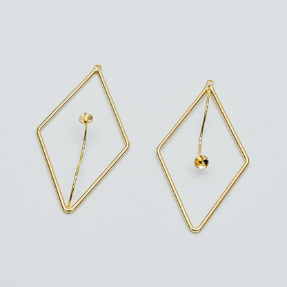 10pcs Gold Rhombus Pendants with Cap for Top Drilled Stone Pearls, Geometric Earring Pendants 47mm (GB-452)