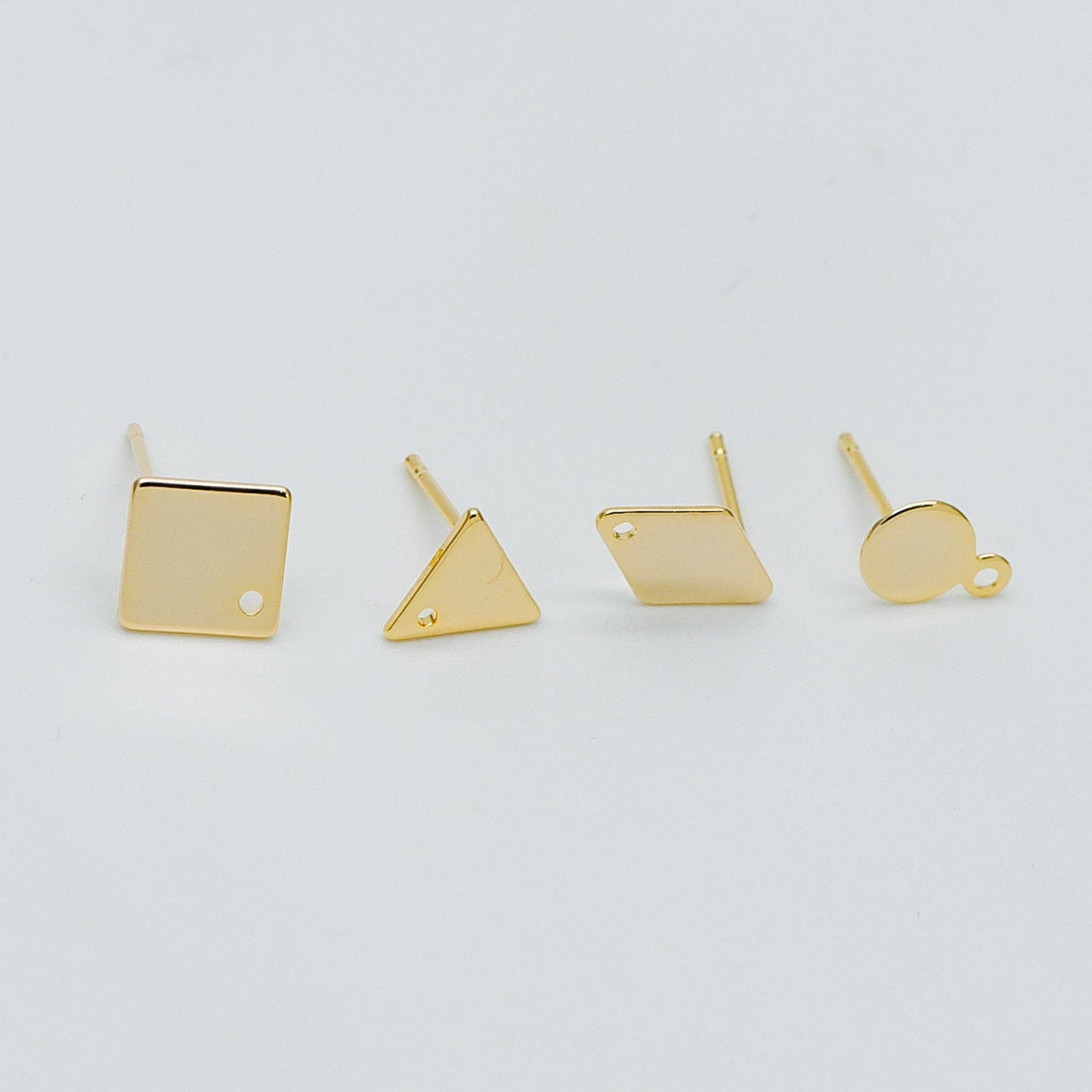 10pcs Gold Ear Posts with Loops, 18K Gold Plated Brass, Square Triangle Rhombus Round, Geometric Stud Earring Components (GB-494)