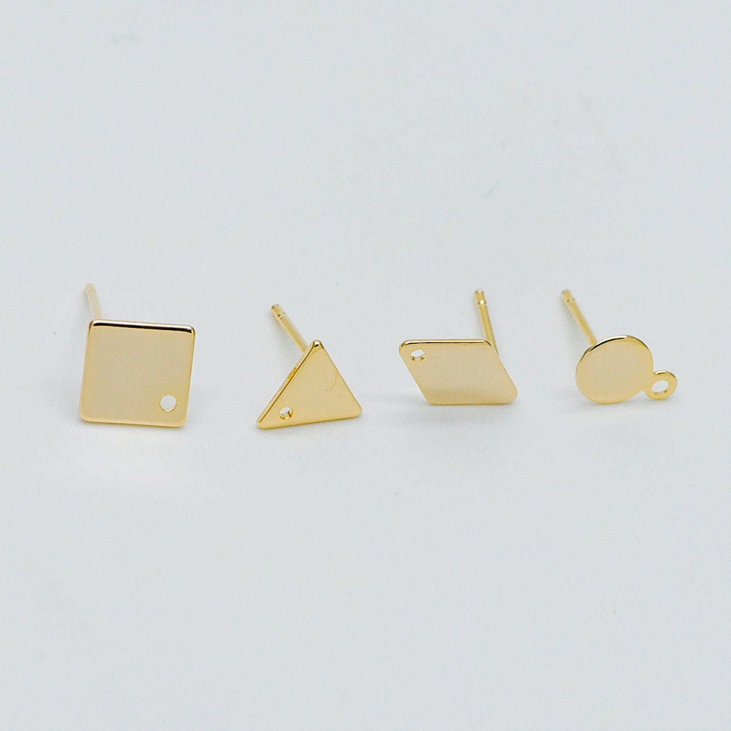 10pcs Gold Ear Posts with Loops, 18K Gold Plated Brass, Square Triangle Rhombus Round, Geometric Stud Earring Components (GB-494)