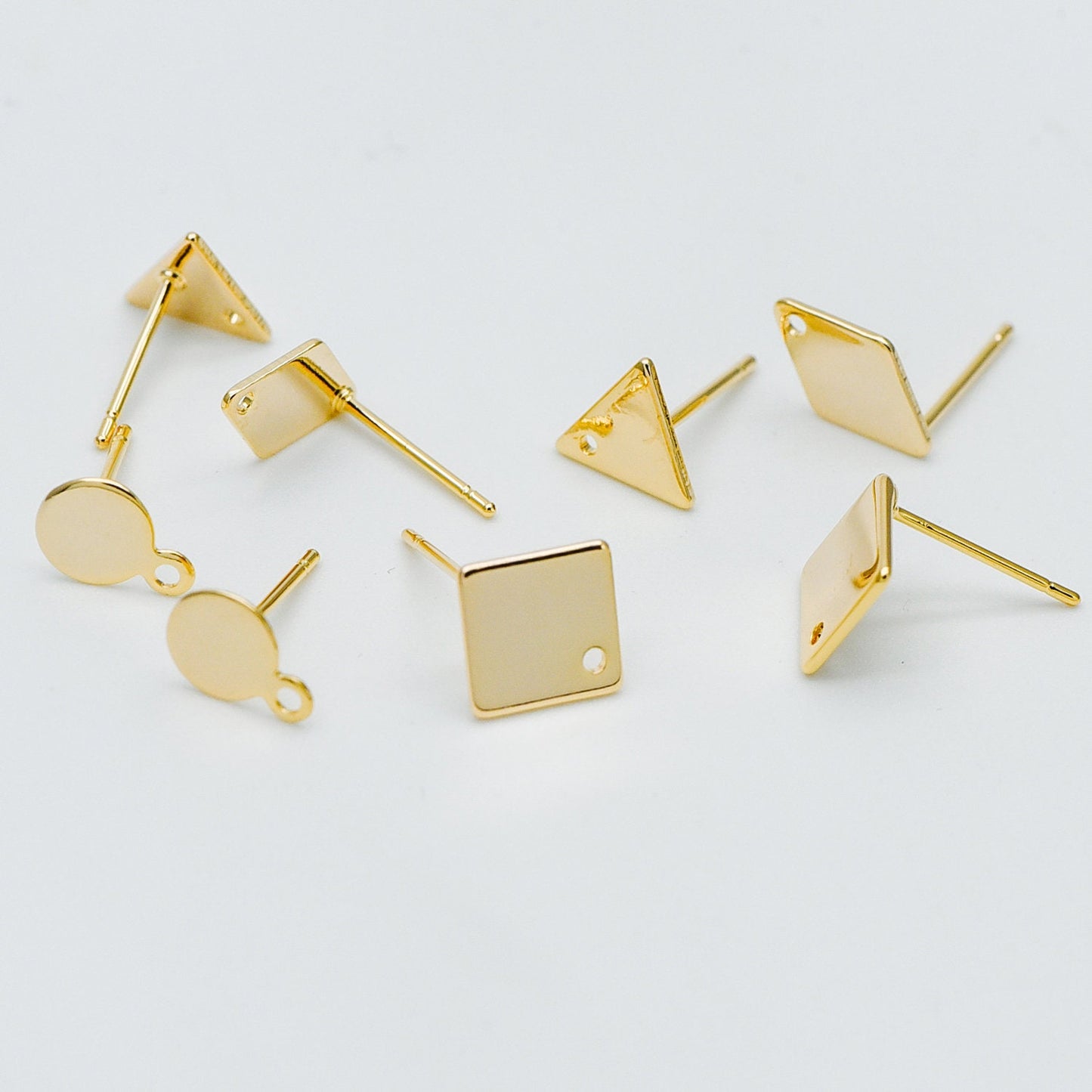 10pcs Gold Ear Posts with Loops, 18K Gold Plated Brass, Square Triangle Rhombus Round, Geometric Stud Earring Components (GB-494)