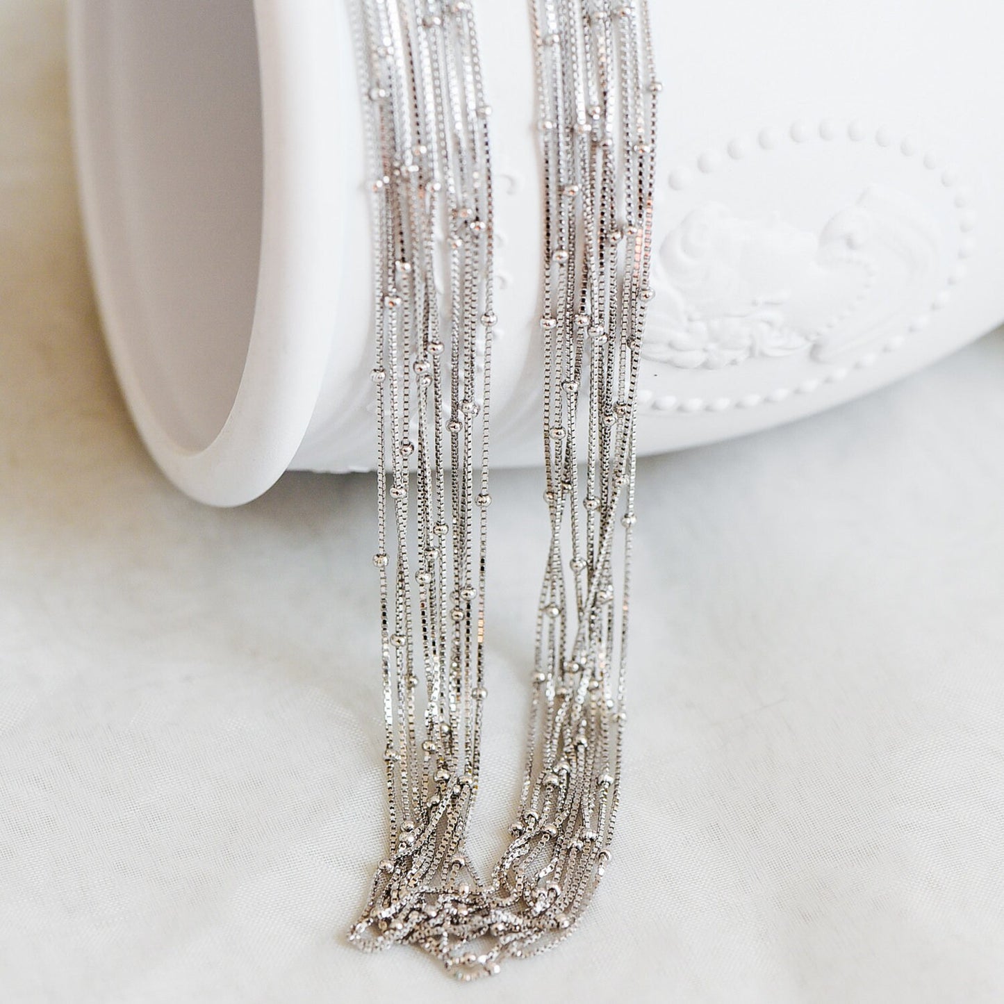 Sterling Silver .925 Beaded Necklace Chains, Rhodium plated Box Chains with Round Ball Beads, 0.6mm=22 gauge, 18 Inch Ready to Wear (CY-013)