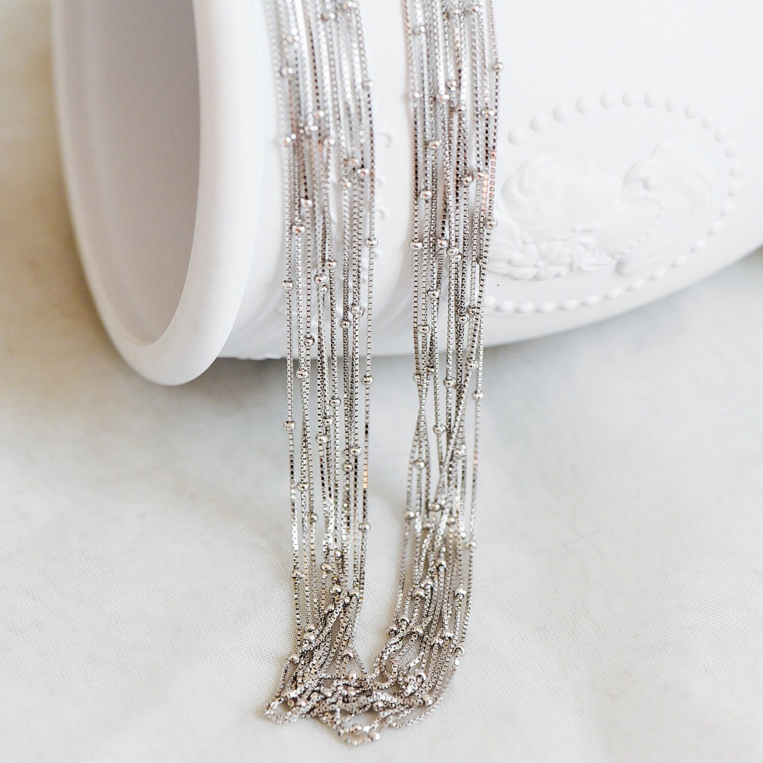 Sterling Silver .925 Beaded Necklace Chains, Rhodium plated Box Chains with Round Ball Beads, 0.6mm=22 gauge, 18 Inch Ready to Wear (CY-013)