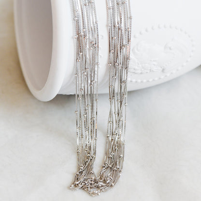 Sterling Silver .925 Beaded Necklace Chains, Rhodium plated Box Chains with Round Ball Beads, 0.6mm=22 gauge, 18 Inch Ready to Wear (CY-013)