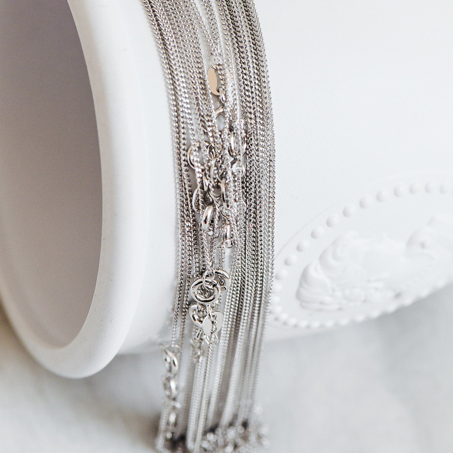 Sterling Silver .925 Curb Chain 1mm, Finished Dainty Necklace Chains, Rhodium plated 18 Inch Ready to Wear (CY-014)