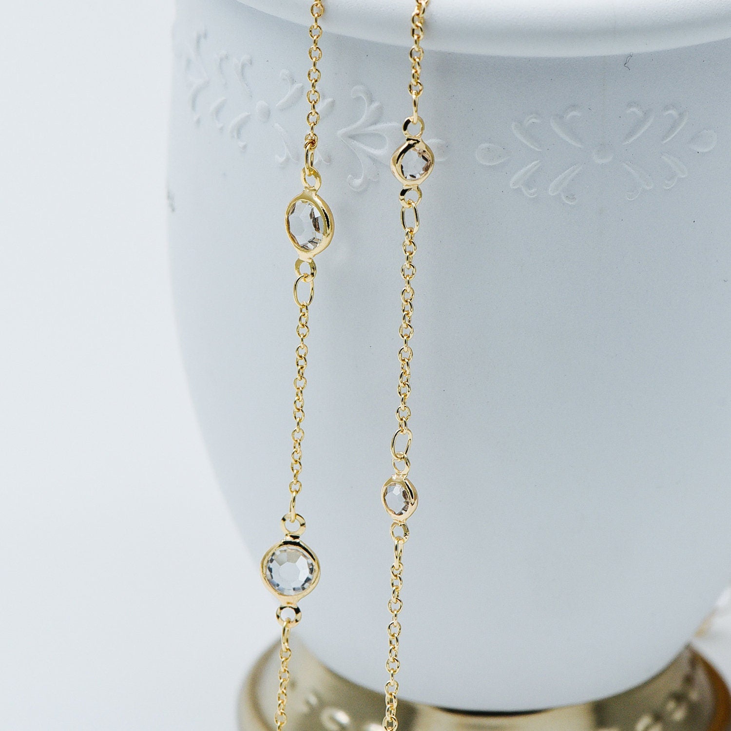 Gold plated Brass Crystal Beaded Chains, 4.5/ 7mm Round Coin Glass Beads, Lead Nickel Free (#LK-147)/ 1 Meter=3.3 ft