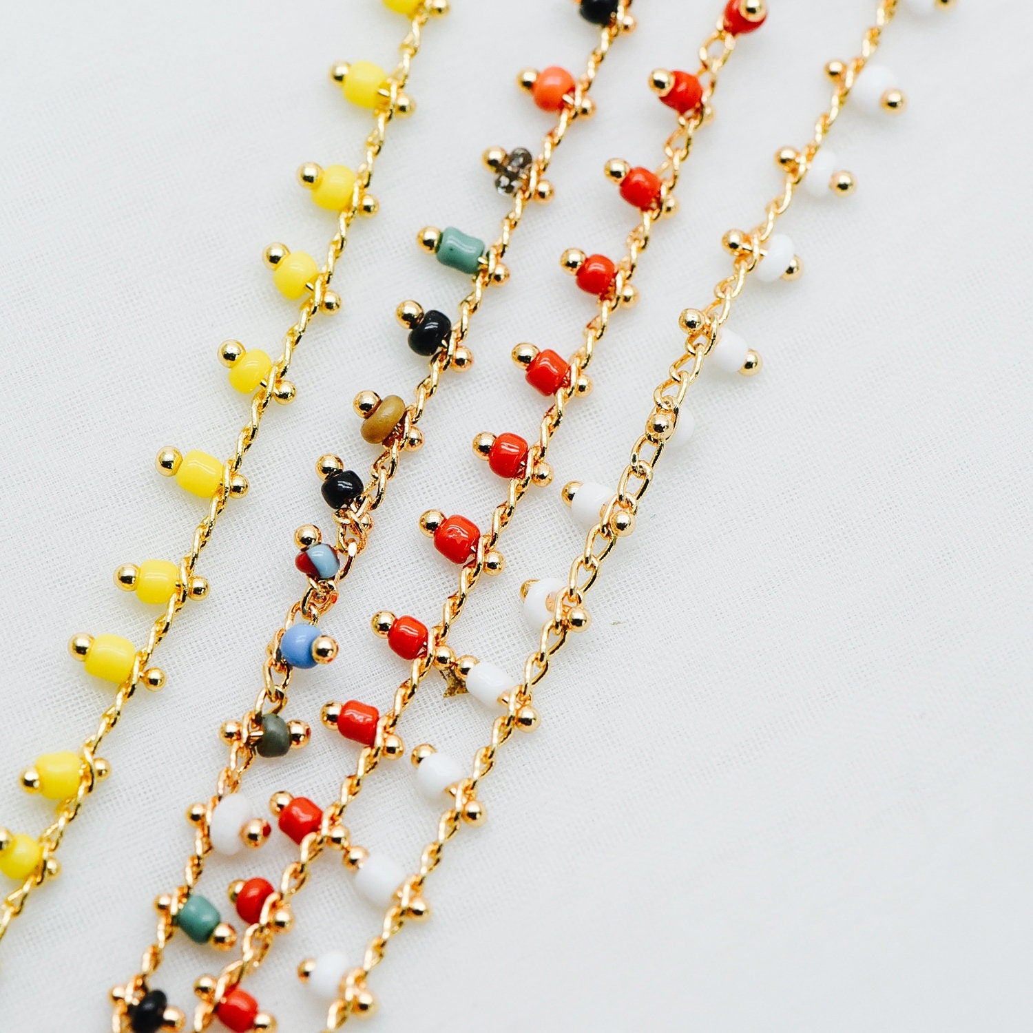 Gold plated Brass Beaded Chains, 1.8mm Chain with Glass Seed Beads, Necklace Chain Components (#LK-201)/ 1 Meter=3.3 ft