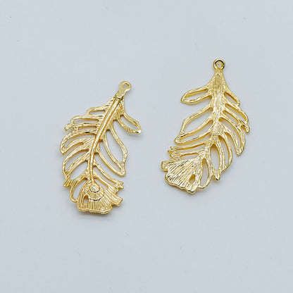 4pcs Gold Feather Pendants 34x17mm, 18K Gold plated Brass Filigree Feather Charms, Lead Nickel Free (GB-858-B)