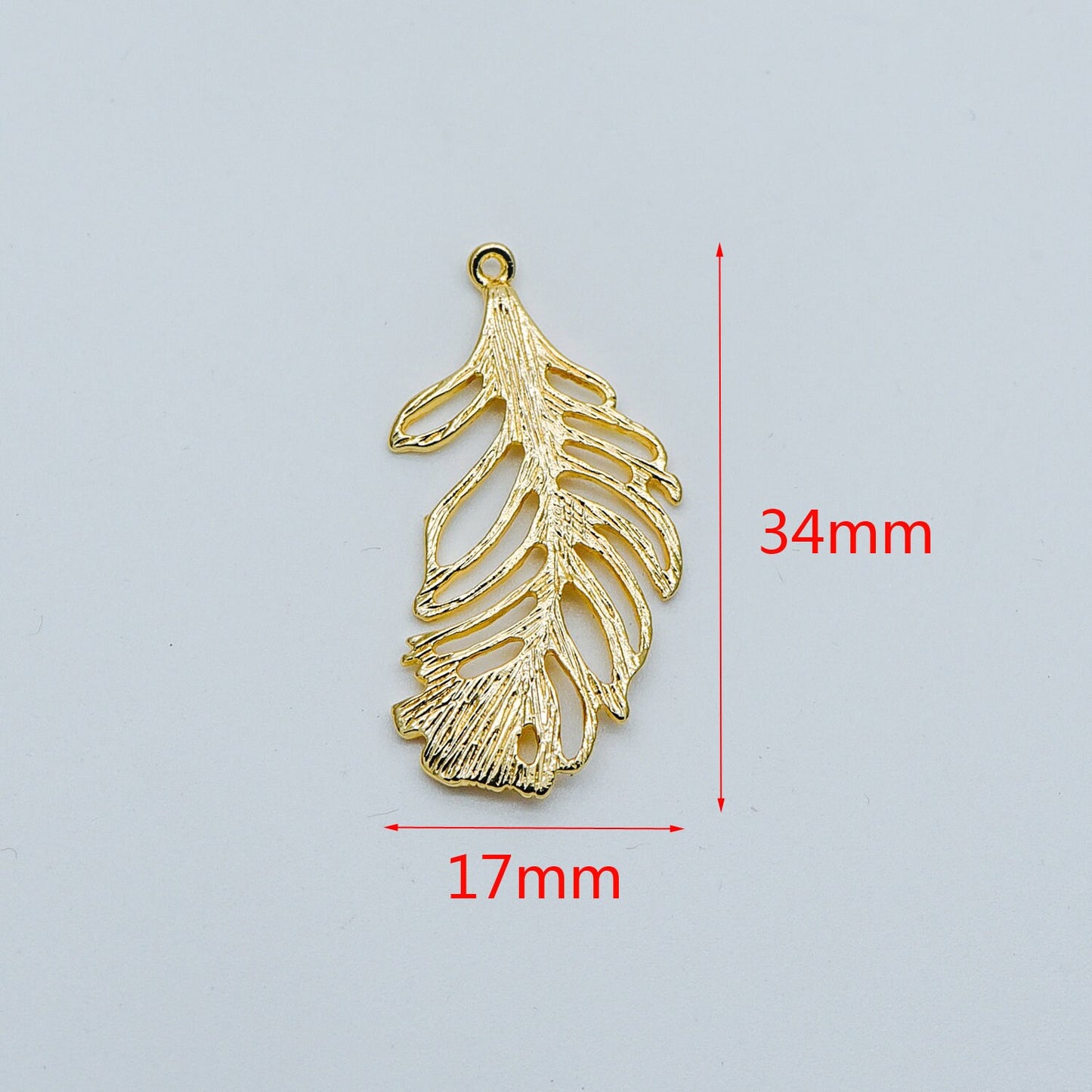 4pcs Gold Feather Pendants 34x17mm, 18K Gold plated Brass Filigree Feather Charms, Lead Nickel Free (GB-858-B)