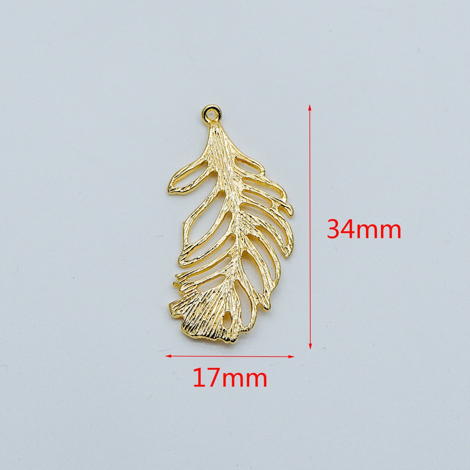 4pcs Gold Feather Pendants 34x17mm, 18K Gold plated Brass Filigree Feather Charms, Lead Nickel Free (GB-858-B)