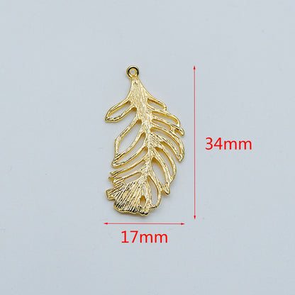 4pcs Gold Feather Pendants 34x17mm, 18K Gold plated Brass Filigree Feather Charms, Lead Nickel Free (GB-858-B)