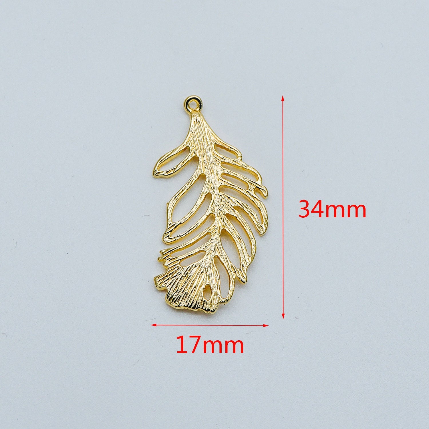 4pcs Gold Feather Pendants 34x17mm, 18K Gold plated Brass Filigree Feather Charms, Lead Nickel Free (GB-858-B)