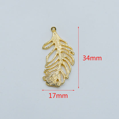 4pcs Gold Feather Pendants 34x17mm, 18K Gold plated Brass Filigree Feather Charms, Lead Nickel Free (GB-858-B)