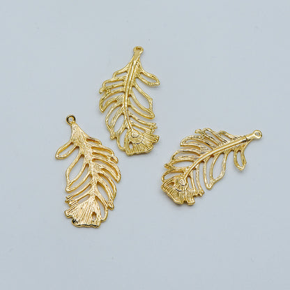 4pcs Gold Feather Pendants 34x17mm, 18K Gold plated Brass Filigree Feather Charms, Lead Nickel Free (GB-858-B)