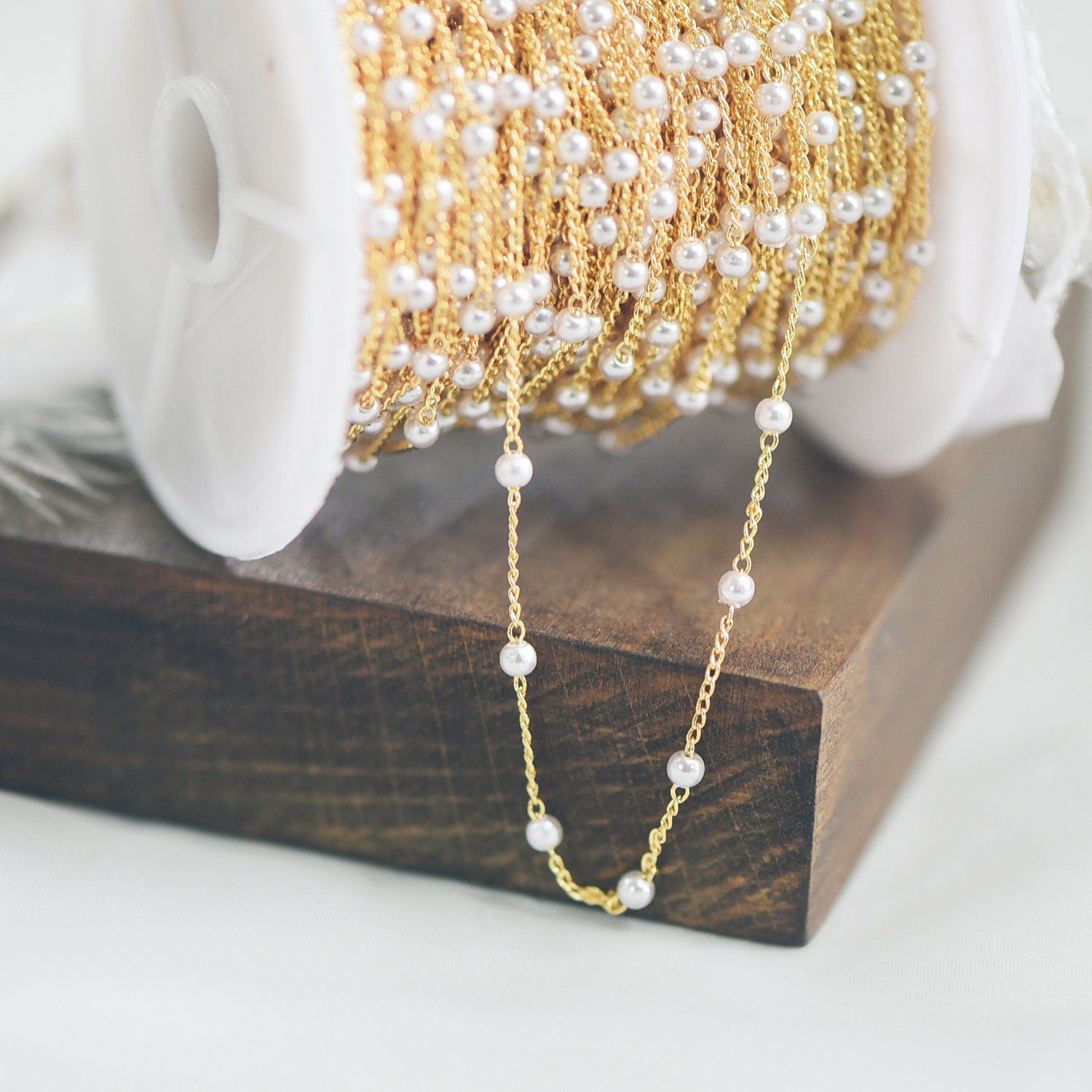 Gold Faux Pearl Beaded Chain, 18K Gold plated Brass Chain with Faux Pearl 3 / 4mm (LK-159) / 1 meter= 3.3ft