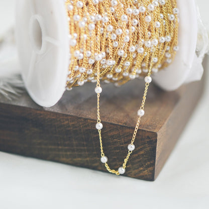 Gold Faux Pearl Beaded Chain, 18K Gold plated Brass Chain with Faux Pearl 3 / 4mm (LK-159) / 1 meter= 3.3ft