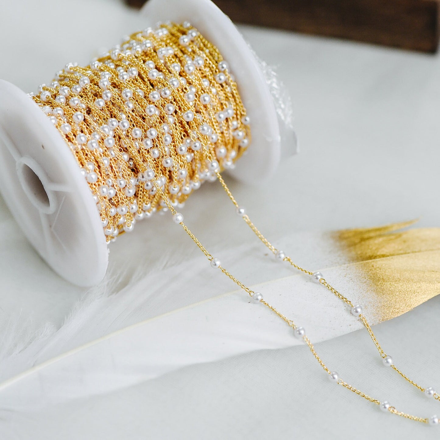 Gold Faux Pearl Beaded Chain, 18K Gold plated Brass Chain with Faux Pearl 3 / 4mm (LK-159) / 1 meter= 3.3ft