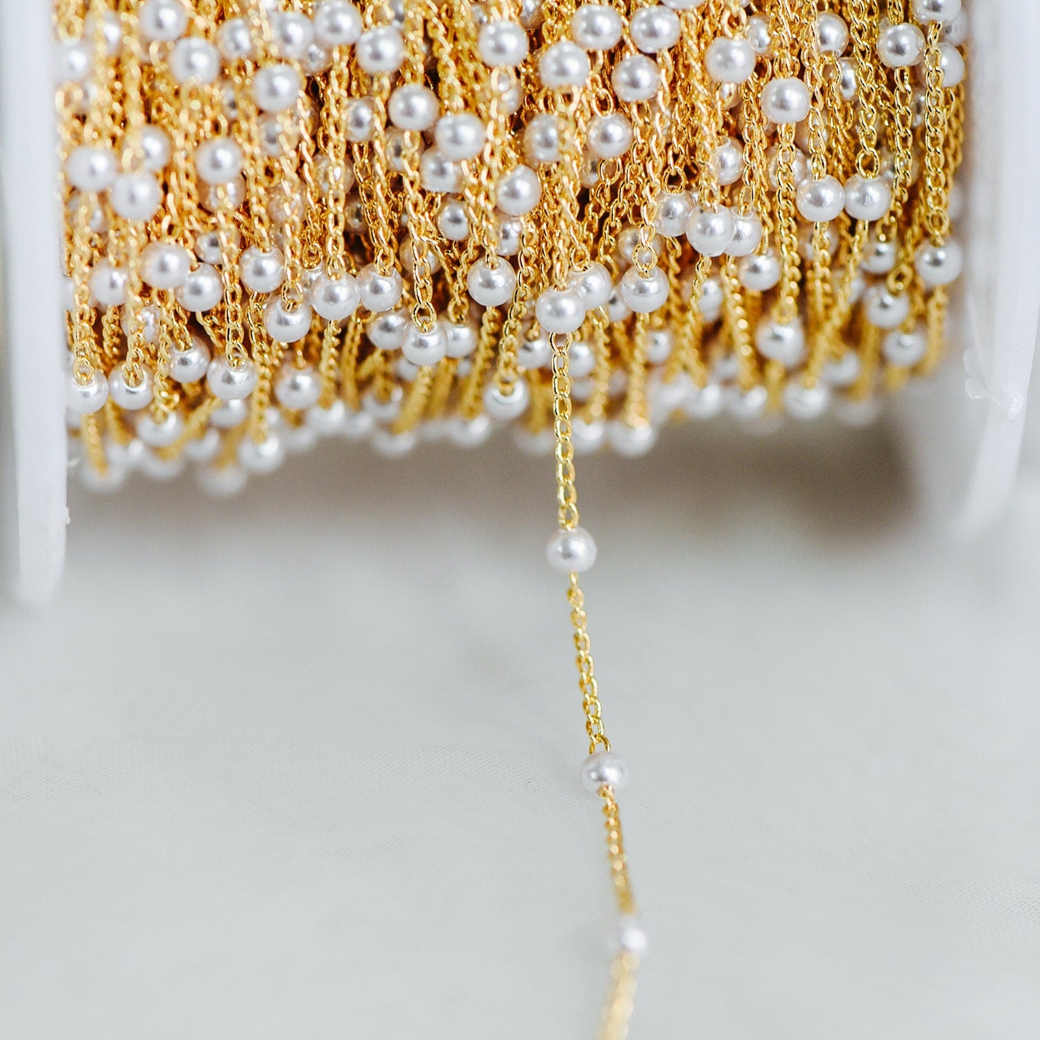 Gold Faux Pearl Beaded Chain, 18K Gold plated Brass Chain with Faux Pearl 3 / 4mm (LK-159) / 1 meter= 3.3ft