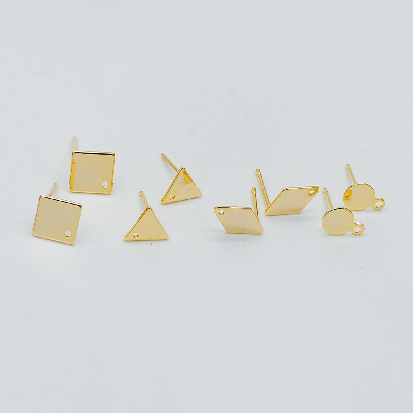 10pcs Gold Ear Posts with Loops, 18K Gold Plated Brass, Square Triangle Rhombus Round, Geometric Stud Earring Components (GB-494)
