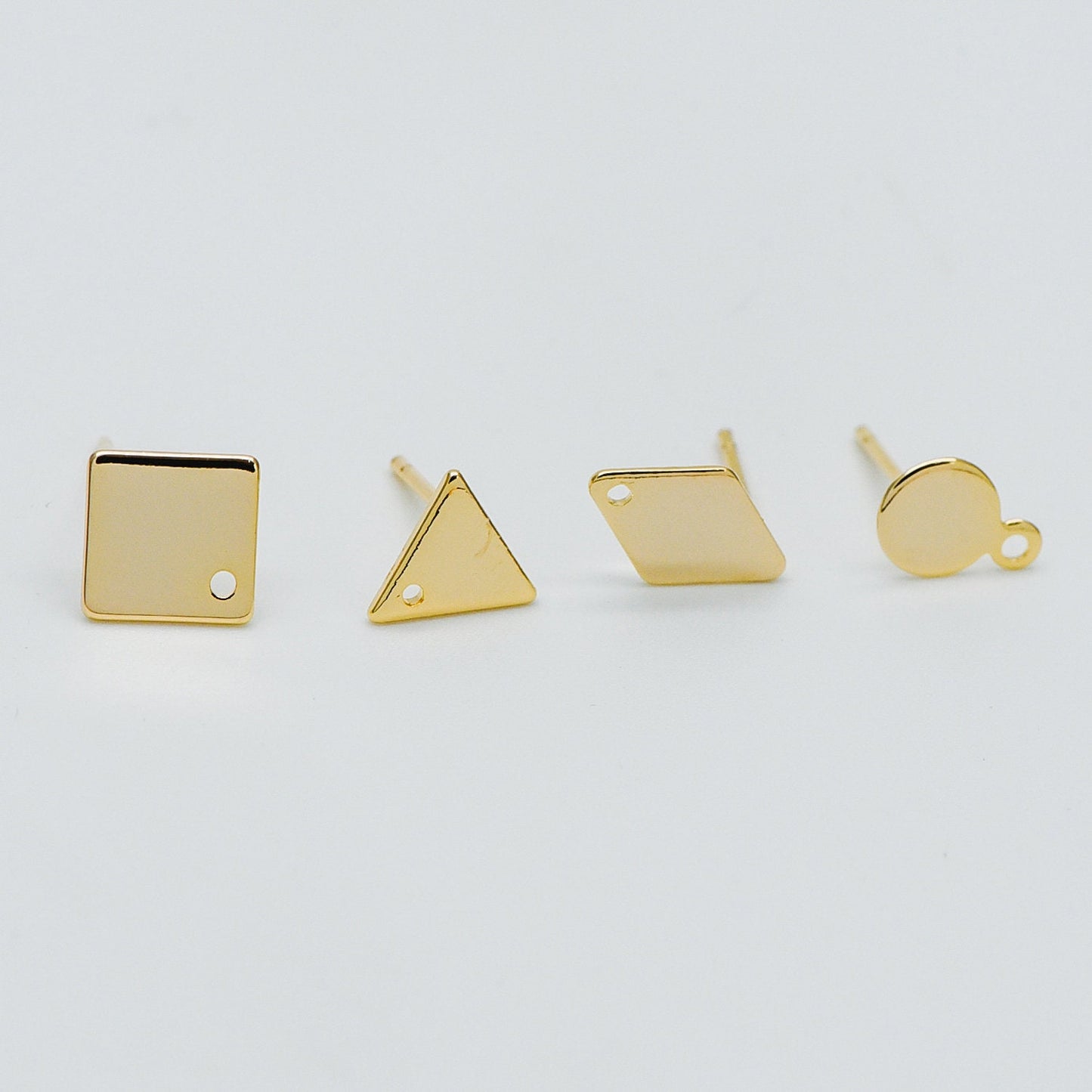 10pcs Gold Ear Posts with Loops, 18K Gold Plated Brass, Square Triangle Rhombus Round, Geometric Stud Earring Components (GB-494)