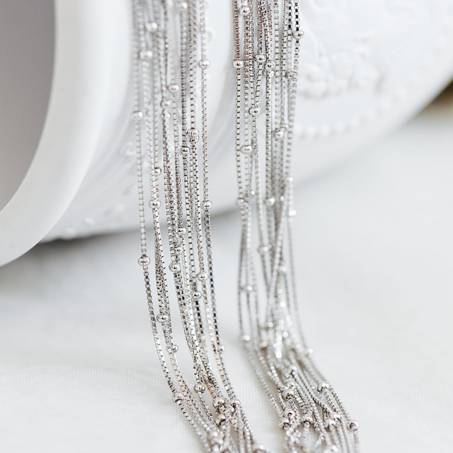 Sterling Silver .925 Beaded Necklace Chains, Rhodium plated Box Chains with Round Ball Beads, 0.6mm=22 gauge, 18 Inch Ready to Wear (CY-013)