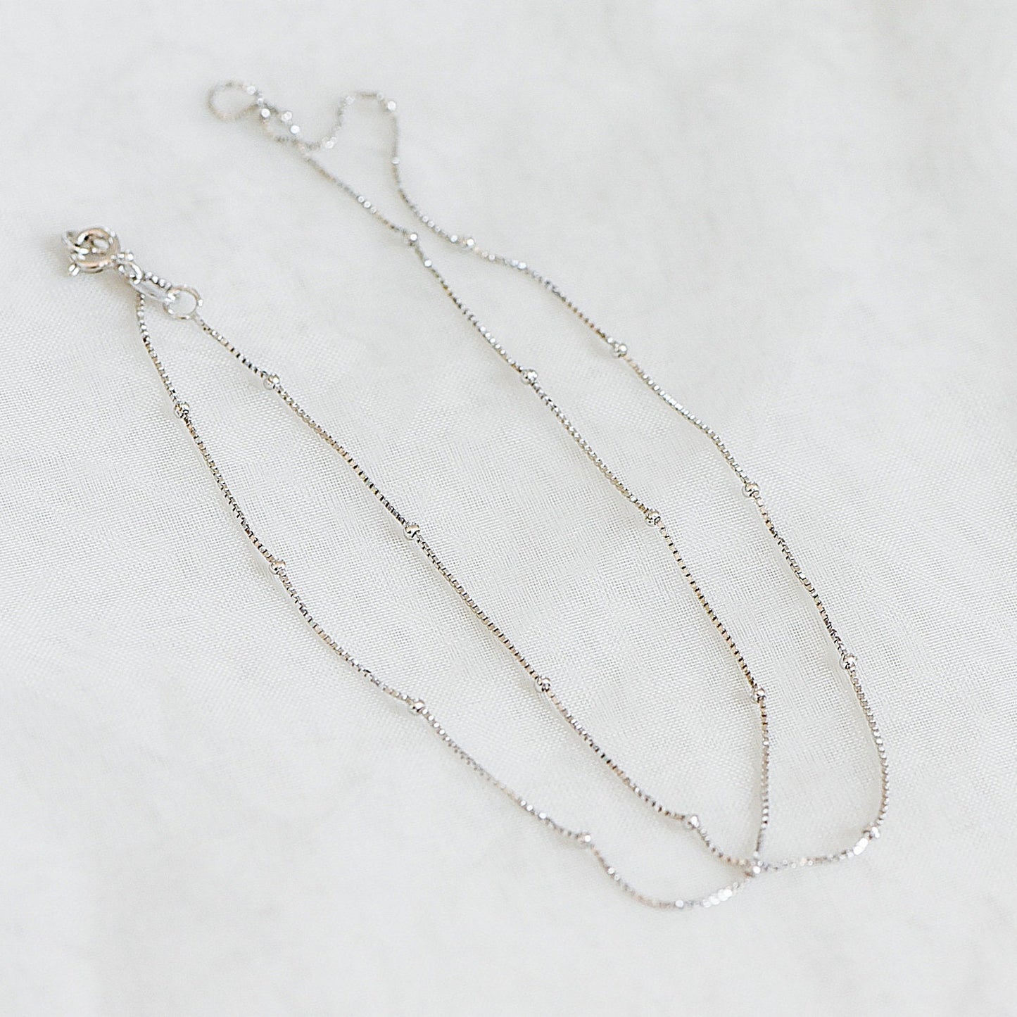 Sterling Silver .925 Beaded Necklace Chains, Rhodium plated Box Chains with Round Ball Beads, 0.6mm=22 gauge, 18 Inch Ready to Wear (CY-013)