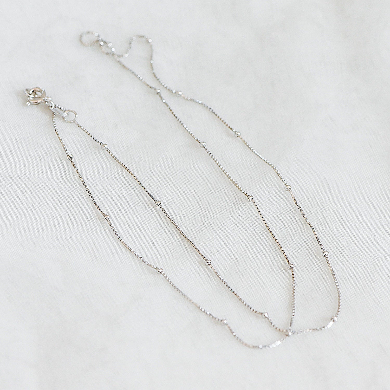 Sterling Silver .925 Beaded Necklace Chains, Rhodium plated Box Chains with Round Ball Beads, 0.6mm=22 gauge, 18 Inch Ready to Wear (CY-013)