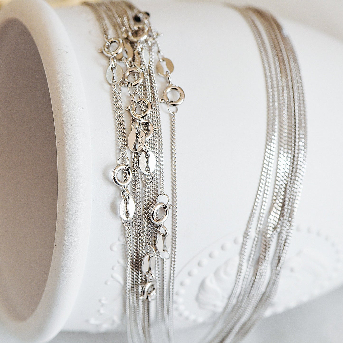 Sterling Silver .925 Curb Chain 1mm, Finished Dainty Necklace Chains, Rhodium plated 18 Inch Ready to Wear (CY-014)