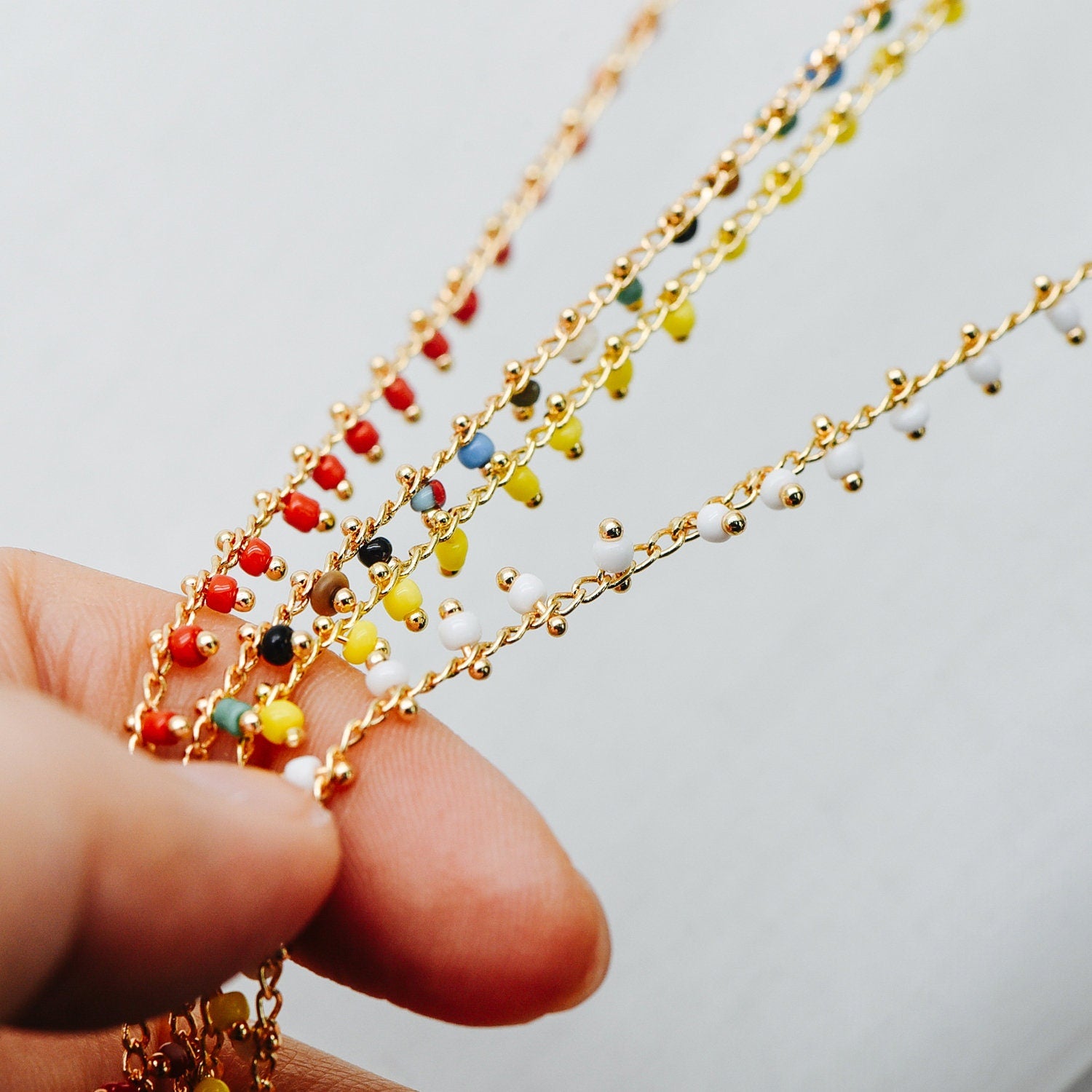 Gold plated Brass Beaded Chains, 1.8mm Chain with Glass Seed Beads, Necklace Chain Components (#LK-201)/ 1 Meter=3.3 ft