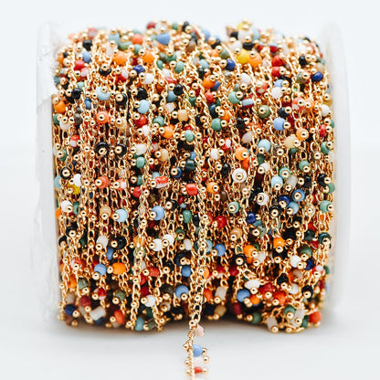 Gold plated Brass Beaded Chains, 1.8mm Chain with Glass Seed Beads, Necklace Chain Components (#LK-201)/ 1 Meter=3.3 ft