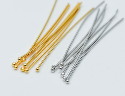 100pcs Gold/ Silver/ Rose Gold Ball Point Headpins, 0.5mm (24 Gauge)/ 0.7mm (21 Gauge), Gold/ Rhodium plated Brass Ball Head Pins (GB-024)