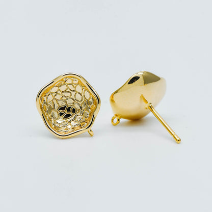 10pcs Gold plated Brass Ear Posts 13mm, Flower Stud Earring with Loop, Floral Earring Components (GB-515)