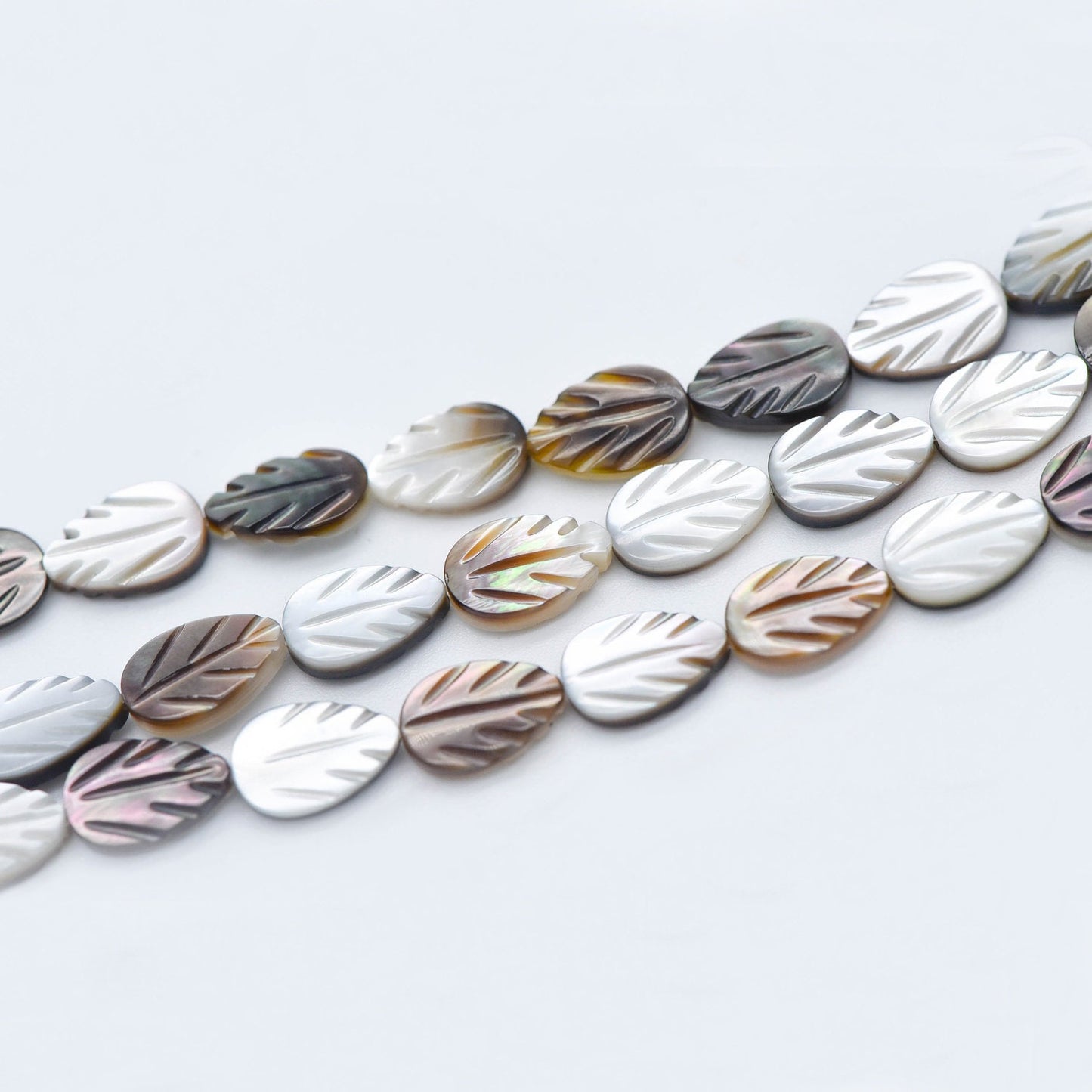 Black MOP Shell Leaf beads, Natural Mother of Pearl Carved Leaf, 9mm / 12mm -(V1005)/ Full strand