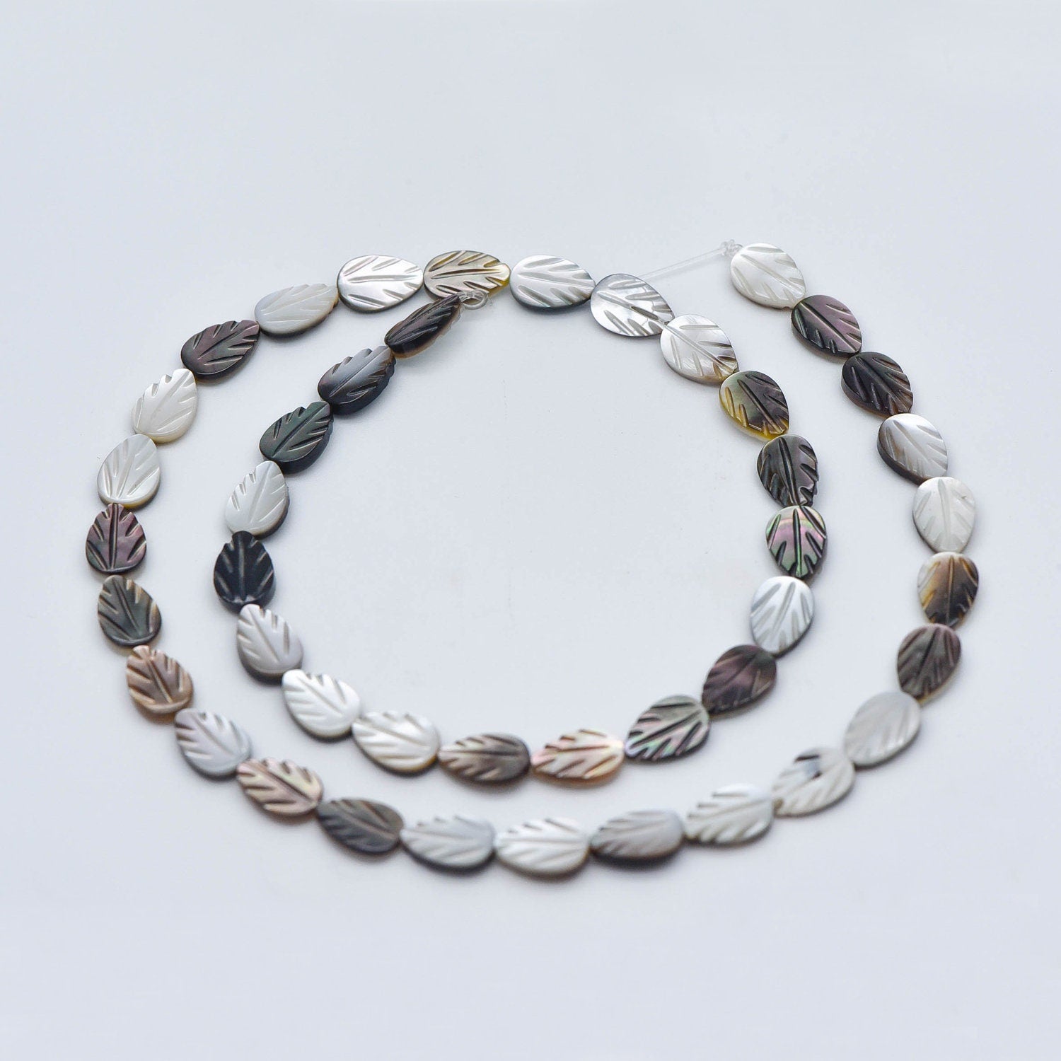 Black MOP Shell Leaf beads, Natural Mother of Pearl Carved Leaf, 9mm / 12mm -(V1005)/ Full strand