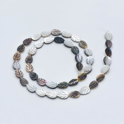Black MOP Shell Leaf beads, Natural Mother of Pearl Carved Leaf, 9mm / 12mm -(V1005)/ Full strand