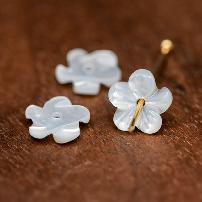 10pcs White Mother of Pearl Flowers, Carved Shell Flower Beads 8/ 10 /12mm, Flat back- (BK-017)