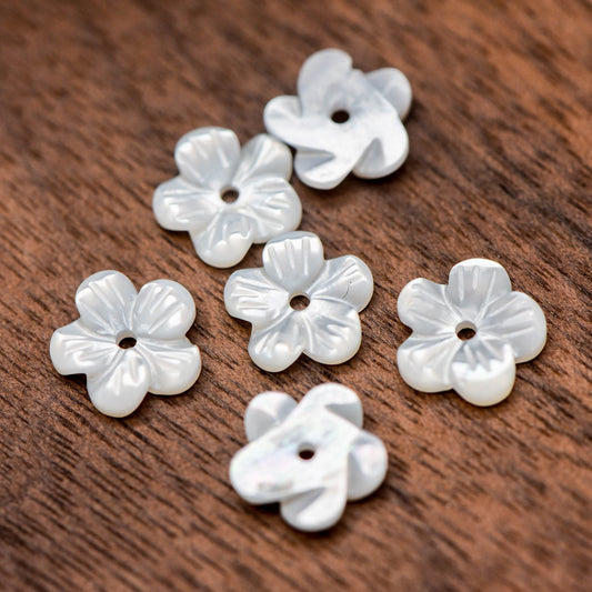 10pcs White Mother of Pearl Flowers, Carved Shell Flower Beads 8/ 10 /12mm, Flat back- (V1176)