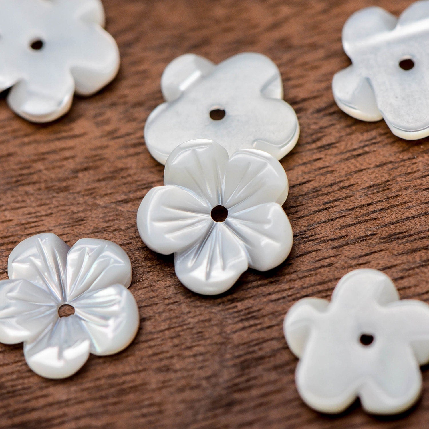 10pcs White Mother of Pearl Flowers, Carved Shell Flower Beads 8/ 10 /12mm, Flat back- (V1176)