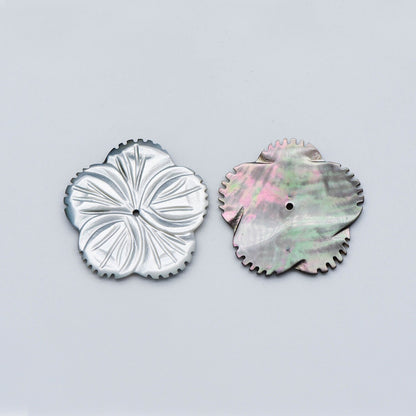Black Mother of Pearl Shell Carved Flower 30mm Large, Center Drilled Hole -(V1209)/ 10pcs