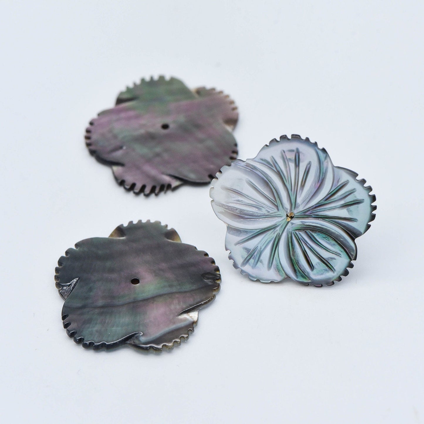 Black Mother of Pearl Shell Carved Flower 30mm Large, Center Drilled Hole -(V1209)/ 10pcs