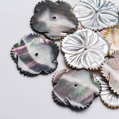 Black Mother of Pearl Shell Carved Flower 30mm Large, Center Drilled Hole -(V1209)/ 10pcs