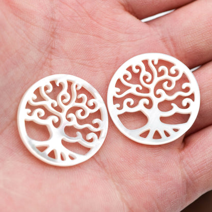 4pcs White Mother of Pearl 'Life Tree' Pendants, 25mm Round Shell Tree Charms, Hollow Cut Out Carvings -(BK-028)